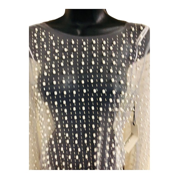 Cream Pearl Beaded rhinestone crystal sheer mesh long sleeve top size size Small - Picture 13 of 16